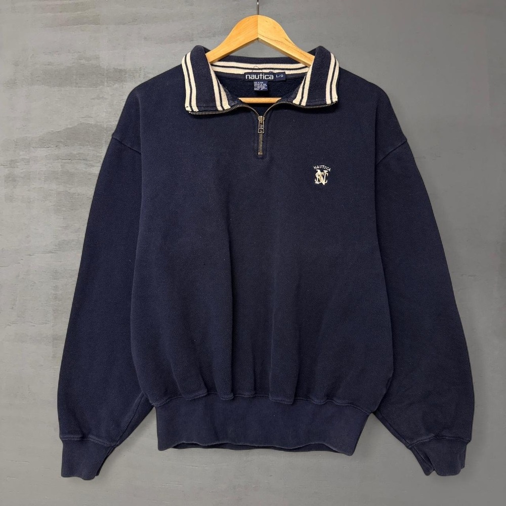 Nautica Vintage 1/4 Zip Sweatshirt Navy Blue Striped Collar Crest Logo Large